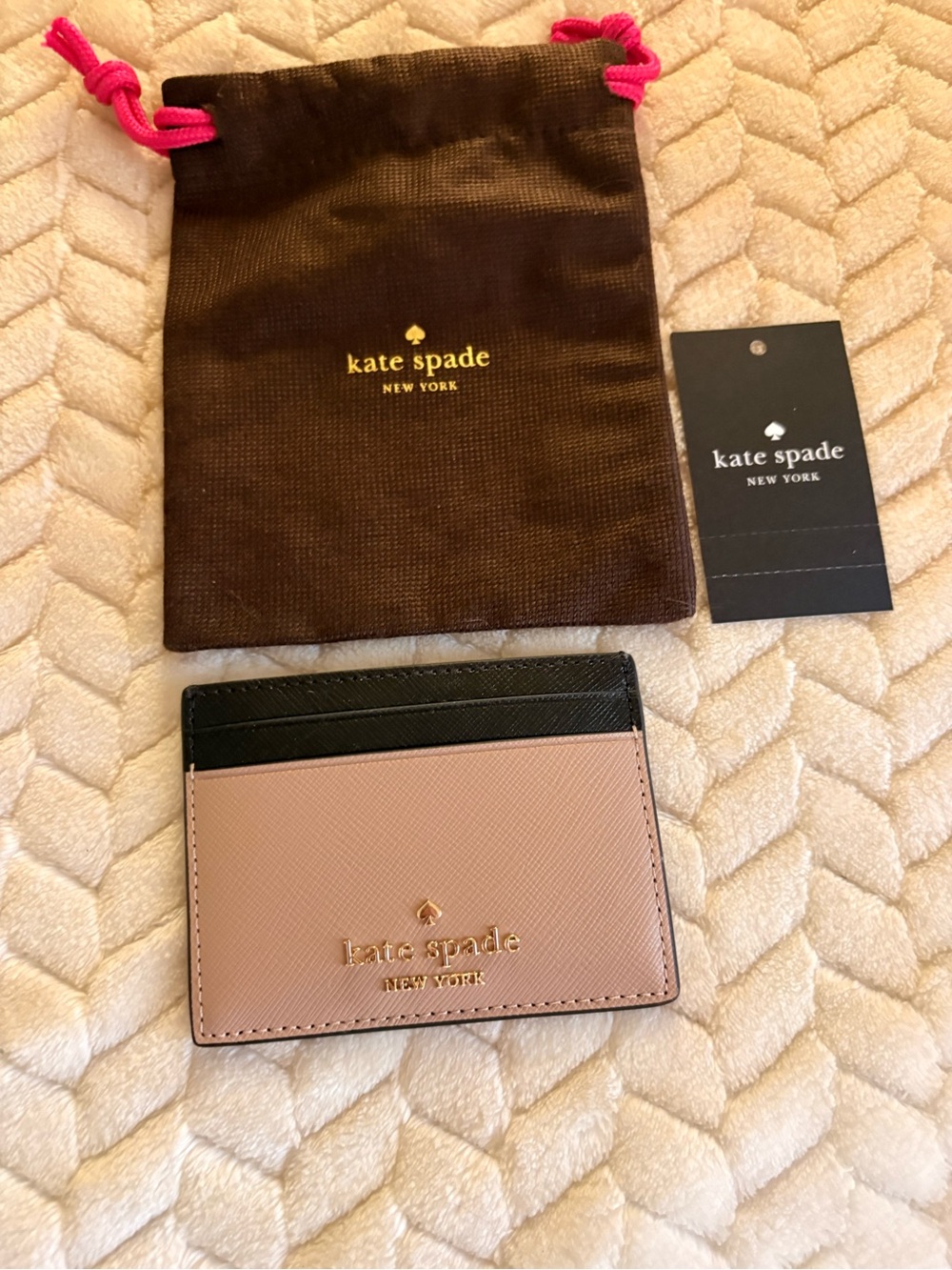 kate spade Tan and Black Leather Card Holder with Gold Logo